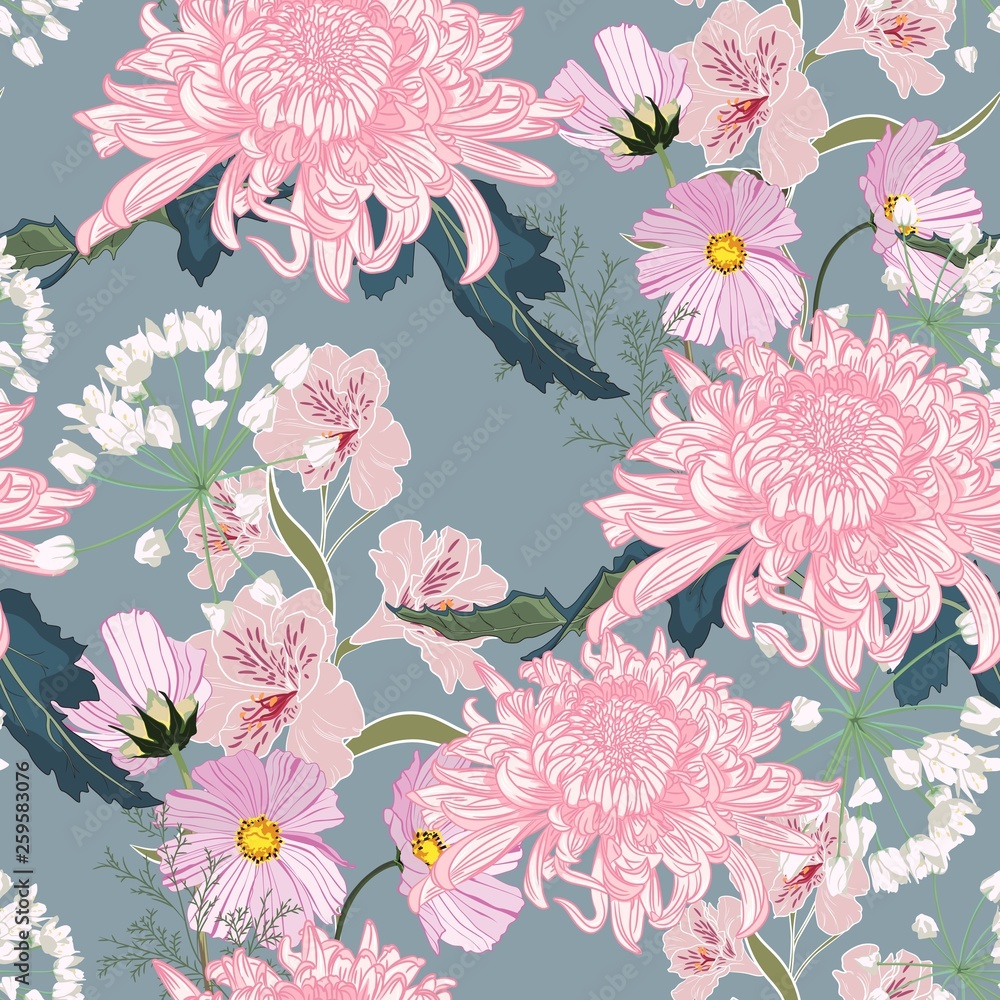 Seamless floral pattern. Pink Japanese national flower chrysanthemum