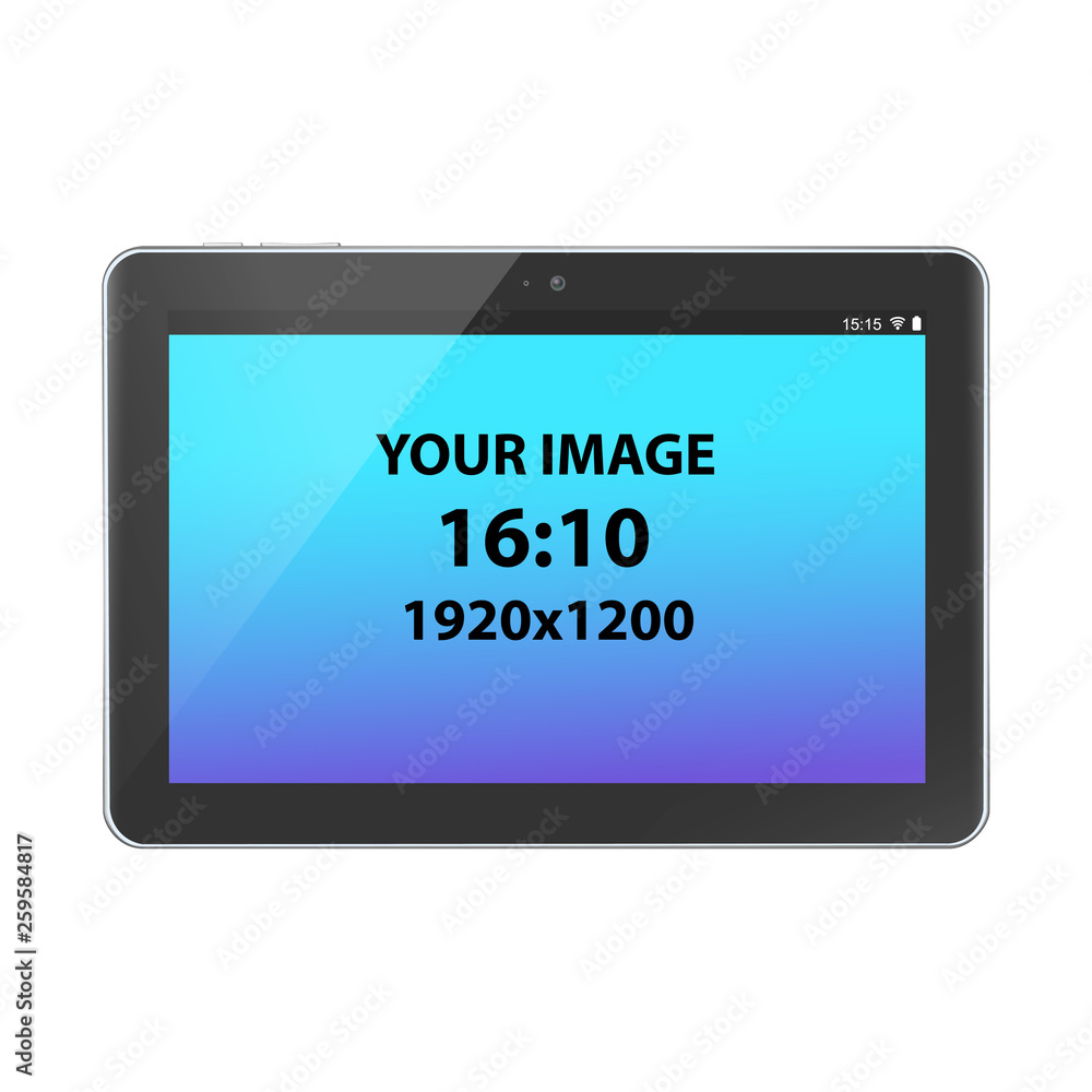 Black unbranded horizontally oriented 16:9 tablet, front view, photorealistic vector mockup. Black unbranded horizontally oriented 16:9 tablet, front view, photorealistic vector mockup.