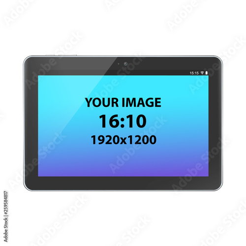 Black unbranded horizontally oriented 16:9 tablet, front view, photorealistic vector mockup.