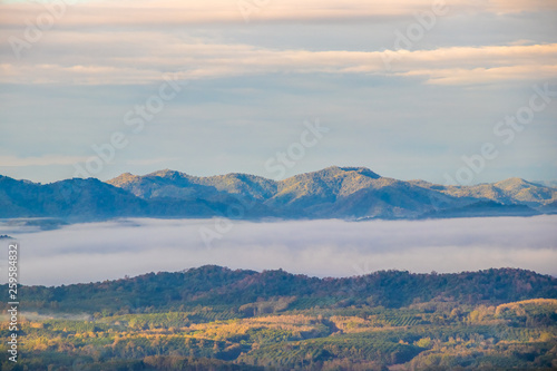Sunrise at Phu Thok, view misty morning  around with mist and cloudy sky,  beautiful mountain. Khan District, Loei, Thailand
