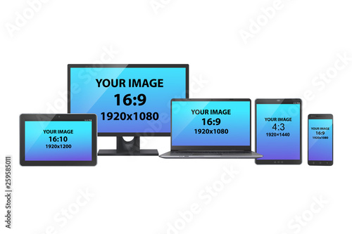 Fotografie A set of electronic devices: PC monitor, tablets, laptop and smartphone with various screen size and aspect ratio, on white background