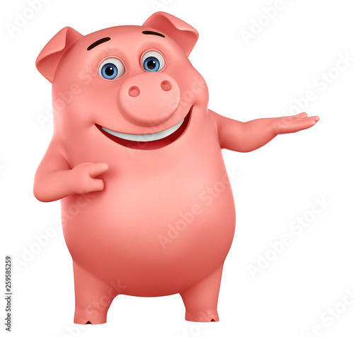 Pig cartoon character points to an empty hand on a white background. 3d rendering. Illustration for advertising.