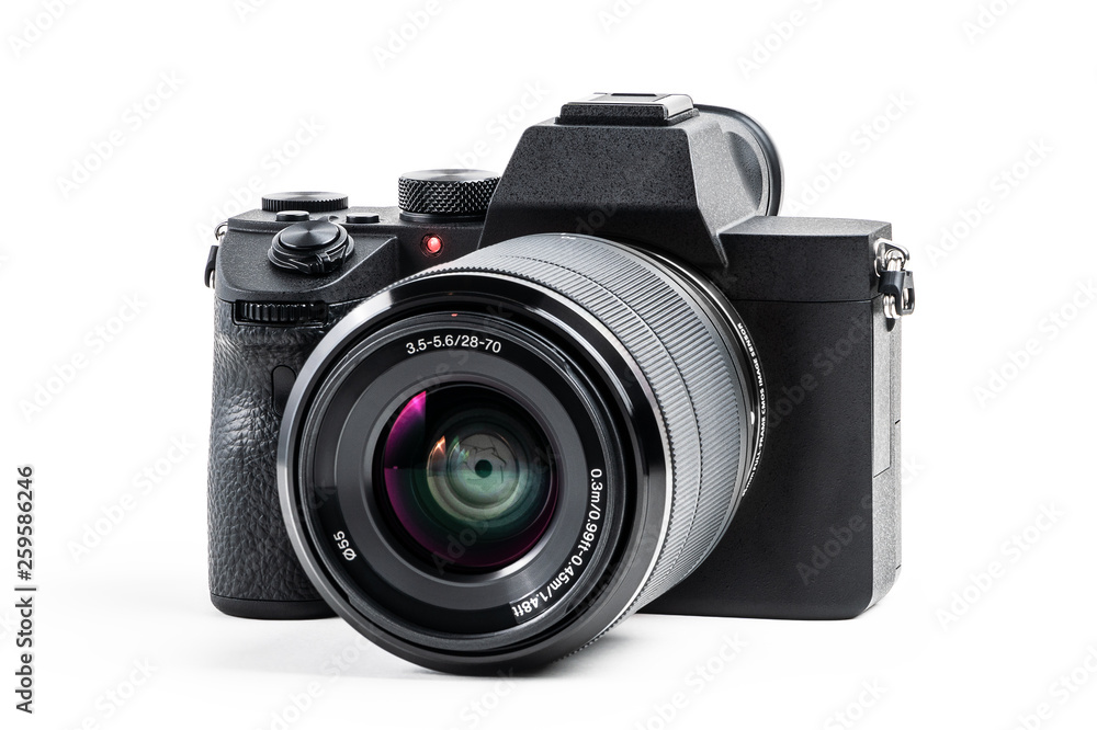 Camera isolated on white background with clipping path. Mirrorless camera isolated on white background. Clipping path for design and artwork.