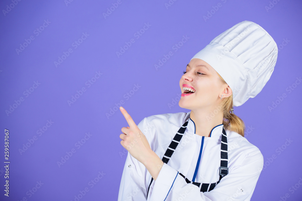 Chef recommend to try something. Confident girl happy chef pointing at copy space. My secret tips culinary. Cooking easy and pleasant occupation. Become chef at restaurant. Special offer from chef Chef recommend to try something. Confident girl happy chef pointing at copy space. My secret tips culinary. Cooking easy and pleasant occupation. Become chef at restaurant. Special offer from chef