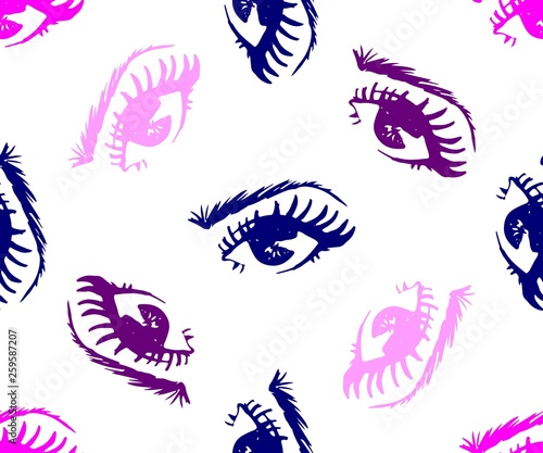 Seamless pattern of hand-drawn woman's eyes with shaped eyebrows