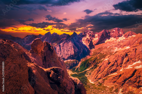 Stunning sunset over Marmolada massif  Dolomiti  Itay. Spectacular view over the Punta Rocca and other peaks in Dolomites mountains