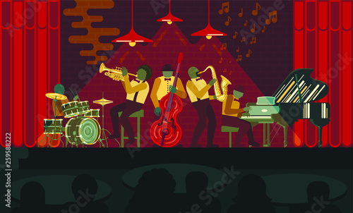 Poster on Jazz day April 30 where Jazz Band playing on musicail instruments piano, saxophone, double-bass, cornet and drums in Jazz Bar photo