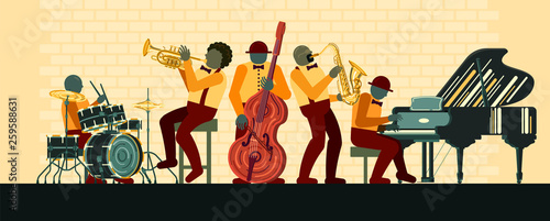 Poster on Jazz day April 30 where Jazz Band playing on musicail instruments piano, saxophone, double-bass, cornet and drums in Jazz Bar