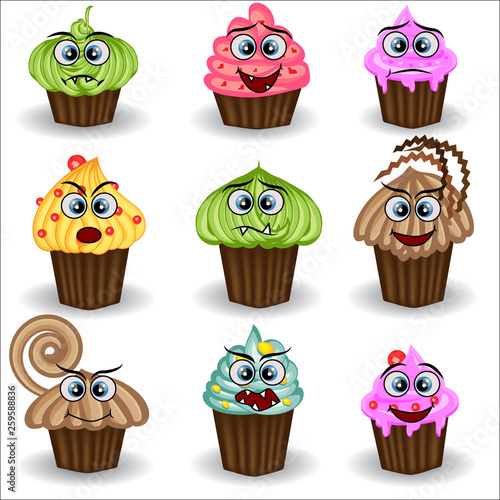 Cute and colorful kawaii style muffin emoticons collection expressing different emotions or feelings.