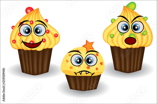 Cute and colorful kawaii style muffin emoticons collection expressing different emotions or feelings.