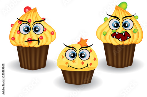 Cute and colorful kawaii style muffin emoticons collection expressing different emotions or feelings.