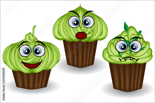 Cute and colorful kawaii style muffin emoticons collection expressing different emotions or feelings.