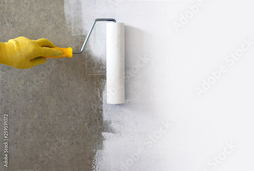 The process of applying a layer of paint. Renovation of apartments. Repair the walls. Free space for advertising, text.