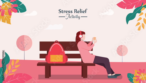a woman is sitting on park bench concept. Stress reliever activities with musics and fresh air. Enjoying life for a moment time. flat design style and vector illustration.