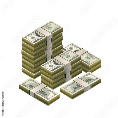 Large heap of one hundred US dollars banknotes, detailed coupure in isometric view on white