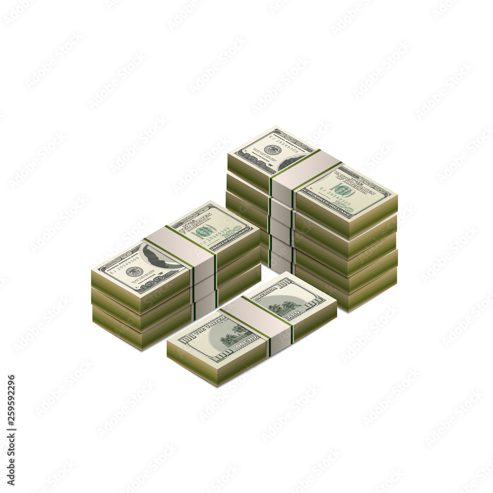 Big heap of one hundred US dollars banknotes, detailed coupure in isometric view on white Big heap of one hundred US dollars banknotes, detailed coupure in isometric view on white