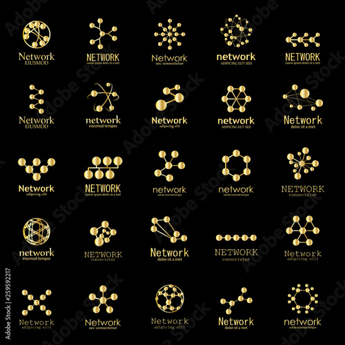 Network And Communication Icon Set - Isolated On Black Background - Vector Illustration Of Technology Logo. Gold Network Symbols For Web, Technology Icons And App Template