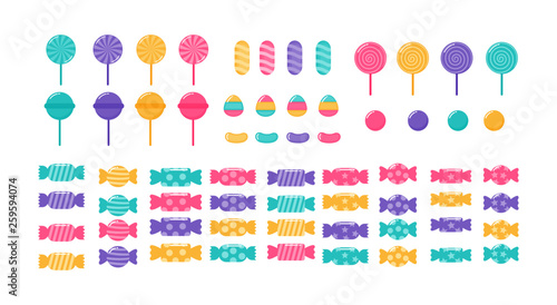 kawaii Cute Pastel Set of candy sweets desserts with different types isolated on White Background for cafe or restaurant. illustration Vector. photo
