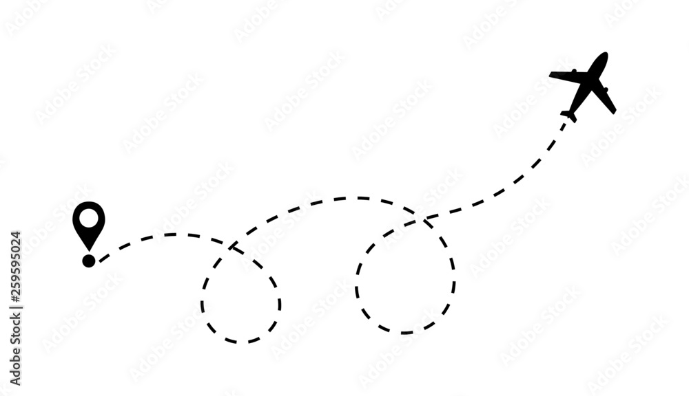 Fototapeta premium Airplane dashed lines path with start point and dash line trace. Around the world travel concept. Isolated on white background. vector illustration.