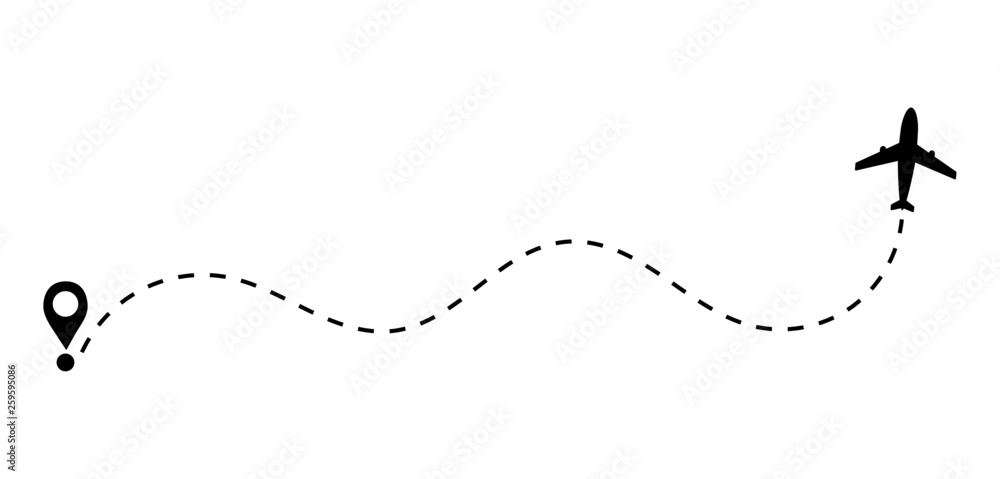 Airplane dashed lines path with start point and dash line trace. Around the world travel concept. Isolated on white background. vector illustration. - obrazy, fototapety, plakaty 