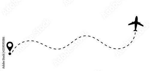 Airplane dashed lines path with start point and dash line trace. Around the world travel concept. Isolated on white background. vector illustration.