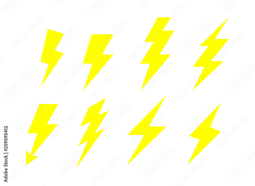 Lightning bolt  Flash Icons Set. electricity power. yellow Thunder Isolated on white background. Vector Illustration. - obrazy, fototapety, plakaty 