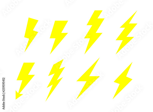 Lightning bolt Flash Icons Set. electricity power. yellow Thunder Isolated on white background. Vector Illustration.