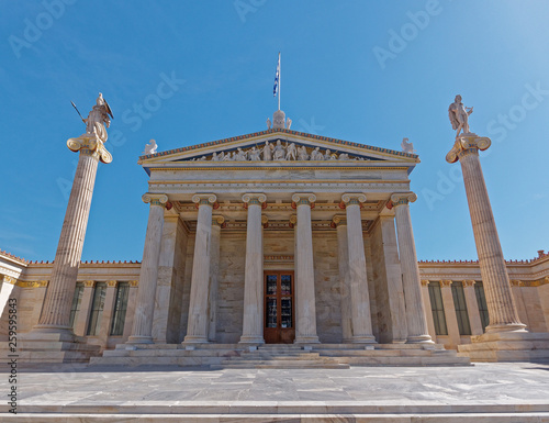 Athens Greece, the national academy doric colonnade facade with Athena and Apollo statues