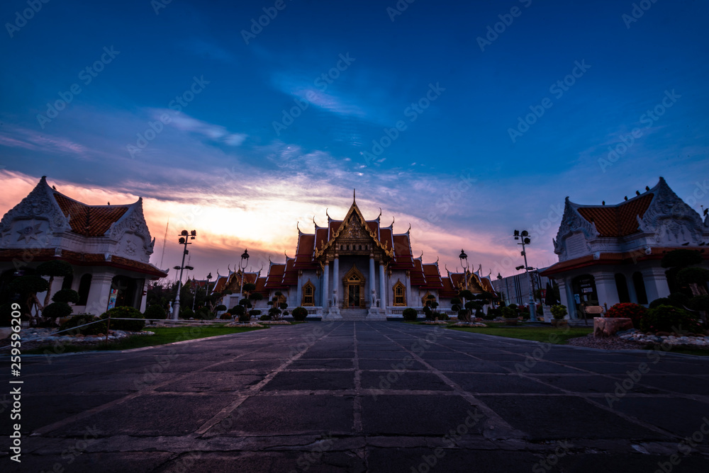 Beautiful view of Wat Benchamabophit Dusitvanaram, also known as the marble temple, it is one of Bangkok's most beautiful temples and a major tourist attraction.