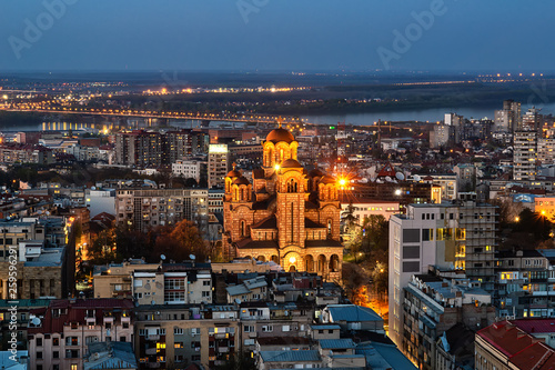 Belgrade, Serbia March 31, 2019: Aerial Shot of Saint Marko Church in Belgrade at night