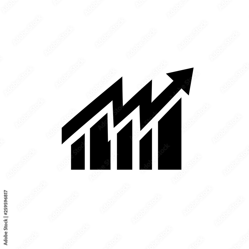 Growing bar graph icon in flat style. Increase arrow vector illustration on white background. Infographic progress business concept Growing bar graph icon in flat style. Increase arrow vector illustration on white background. Infographic progress business concept