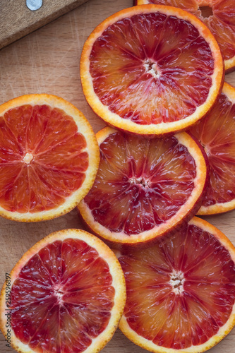 Blood oranges background. Closeup. Top view