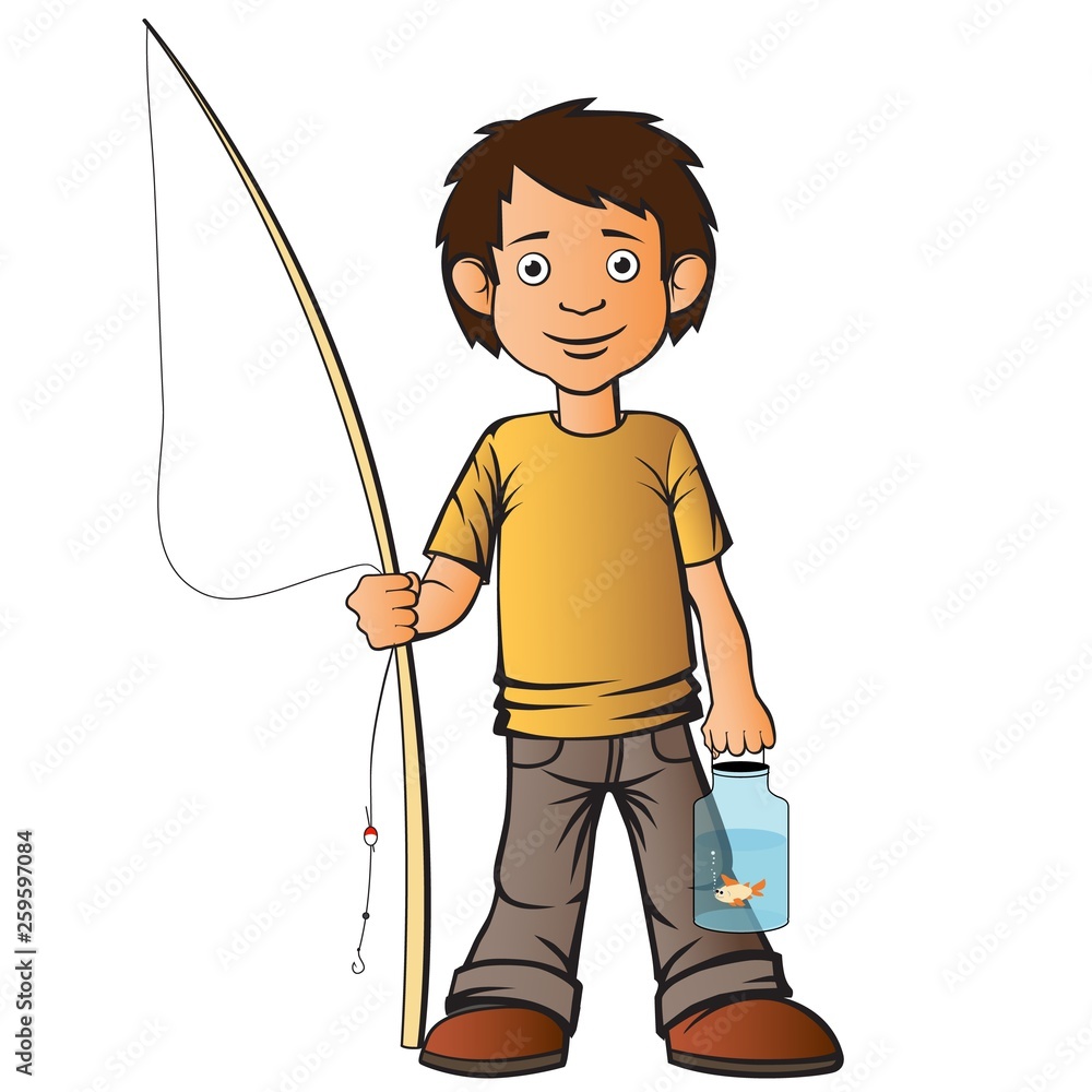 Obraz premium The boy caught a fish with a fishing rod.