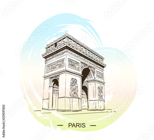 Sketch of Arc de Triomphe in Paris, France, Hand drawn illustration isolated on soft gradient background