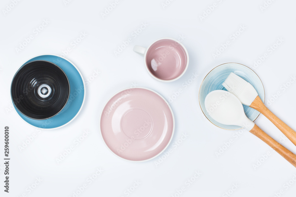 kitchen utensils, Clean dishes on white  background