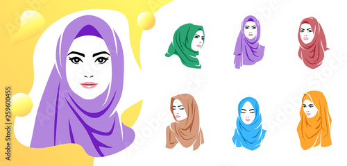 Set of beautiful woman wearing colorful hijab icon, hijab logo isolated
