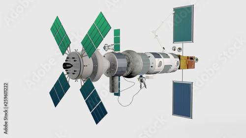 Stazione spaziale Gateway per la nuova missione spaziale verso la luna nel 2026. Rendering 3D su fondo neutro photo