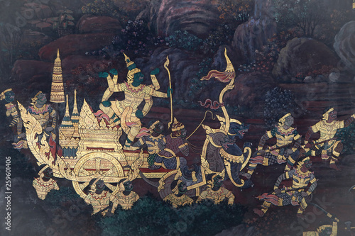 Fotografie The Ramakien (Ramayana) mural paintings along the galleries of the Temple of the