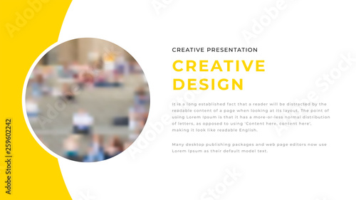 Modern business presentation design with yellow shapes & rounded photos on white background. Editable annual report flyer leaflet corporate presentation banner design template. Simple webpage design