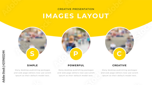 3 option business presentation design with yellow shapes & three rounded photos on white background. Editable annual report flyer leaflet corporate presentation banner design template. Webpage design