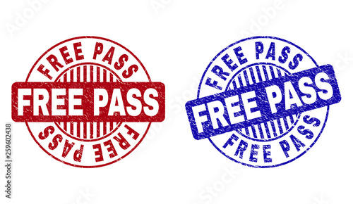 Grunge FREE PASS round stamp seals isolated on a white background. Round seals with grunge texture in red and blue colors. Vector rubber imitation of FREE PASS caption inside circle form with stripes.