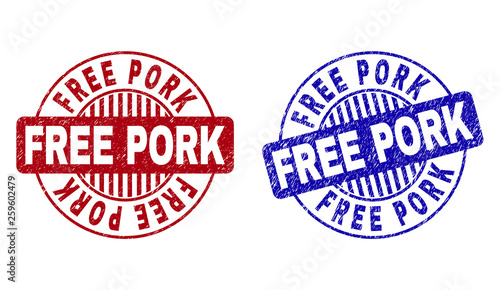 Grunge FREE PORK round stamp seals isolated on a white background. Round seals with grunge texture in red and blue colors. Vector rubber watermark of FREE PORK text inside circle form with stripes.