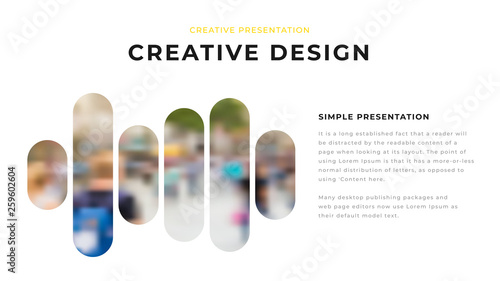 Modern business presentation design with yellow shapes & rounded photos on white background. Editable annual report flyer leaflet corporate presentation banner design template. Simple webpage design