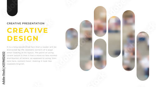 Modern business presentation design with yellow shapes & rounded photos on white background. Editable annual report flyer leaflet corporate presentation banner design template. Simple webpage design
