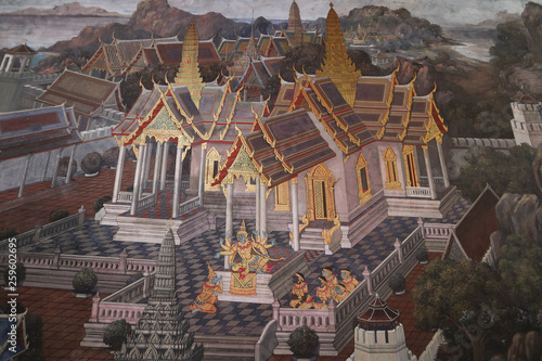 The Ramakien (Ramayana) mural paintings along the galleries of the Temple of the Emerald Buddha, grand palace or wat phra kaew Bangkok Thailand © Weerayuth