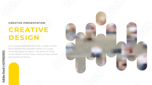 Modern business presentation design with yellow shapes & rounded photos on white background. Editable annual report flyer leaflet corporate presentation banner design template. Simple webpage design