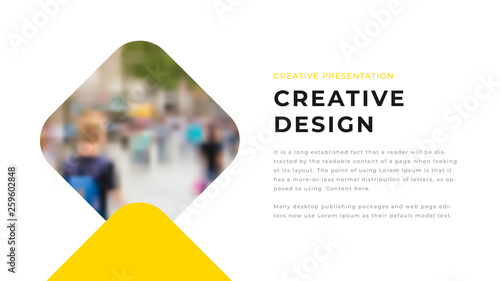 Modern business presentation design with yellow shapes & photos on white background. Editable annual report flyer leaflet corporate presentation banner design template. Simple webpage design