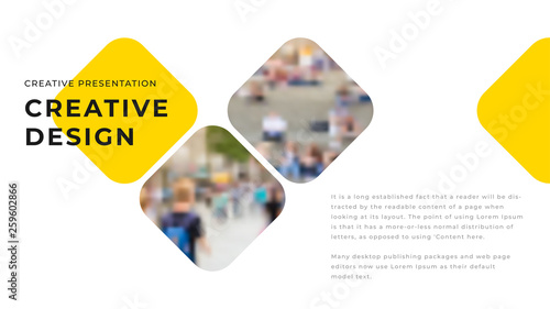 Modern business presentation design with yellow shapes & photos on white background. Editable annual report flyer leaflet corporate presentation banner design template. Simple webpage design