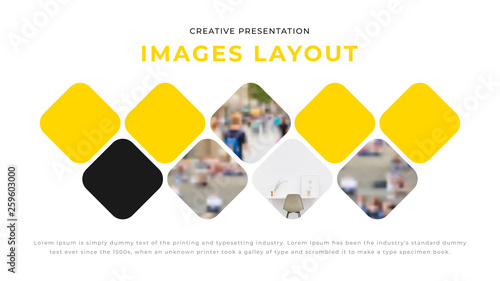 Modern business presentation design with yellow shapes & rounded photos on white background. Editable annual report flyer leaflet corporate presentation banner design template. Simple webpage design