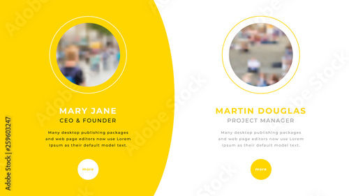 Workers profile photos and information on two side yellow and white background presentation design with yellow. Editable annual report flyer leaflet corporate presentation banner design template